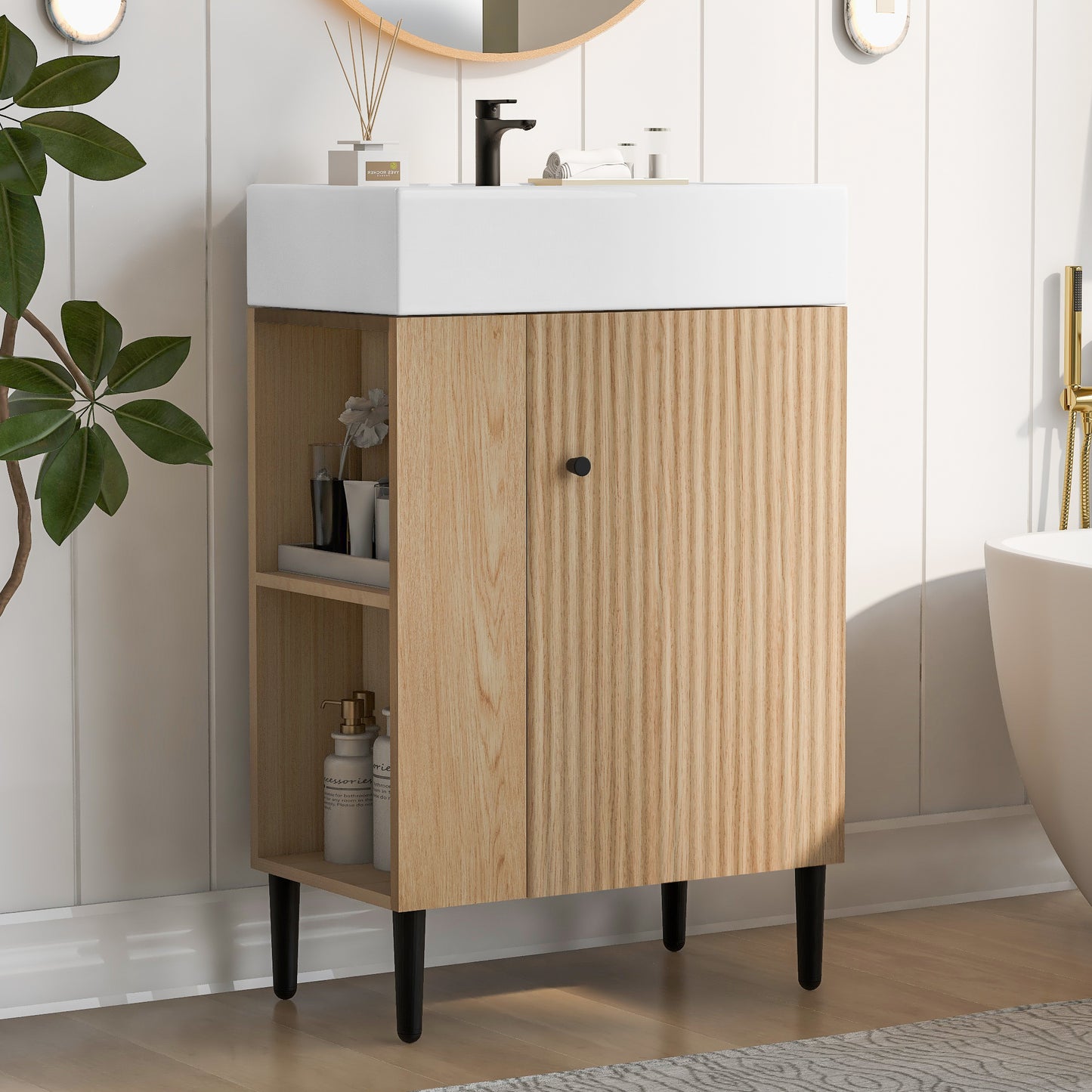 21.6" Wood Bathroom vanity, Combo Cabinet, Bathroom Storage Cabinet, Single Ceramic Sink, Left side storage