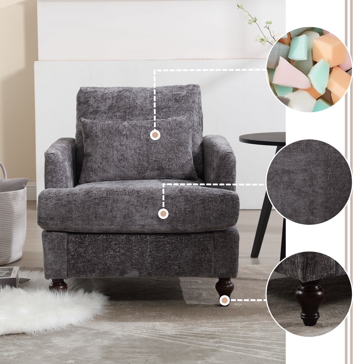 Wood Frame Armchair, Modern Accent Chair Lounge Chair for Living Room,Tufted Club Chair, Mid Century Modern Arm Chairs with Studded, Solid Wood Frame, for Bedroom, Reading (Gray Chenille)