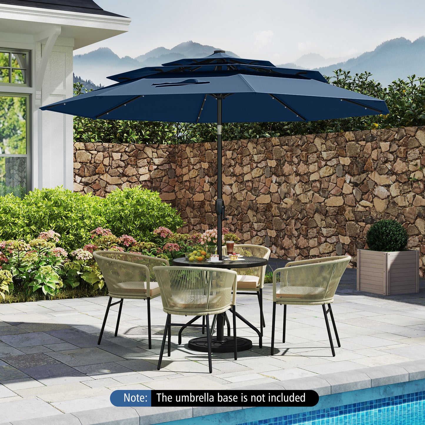10 Feet Solar Patio Umbrella with 32 LED Lights 3-Tier Vented Top-Navy