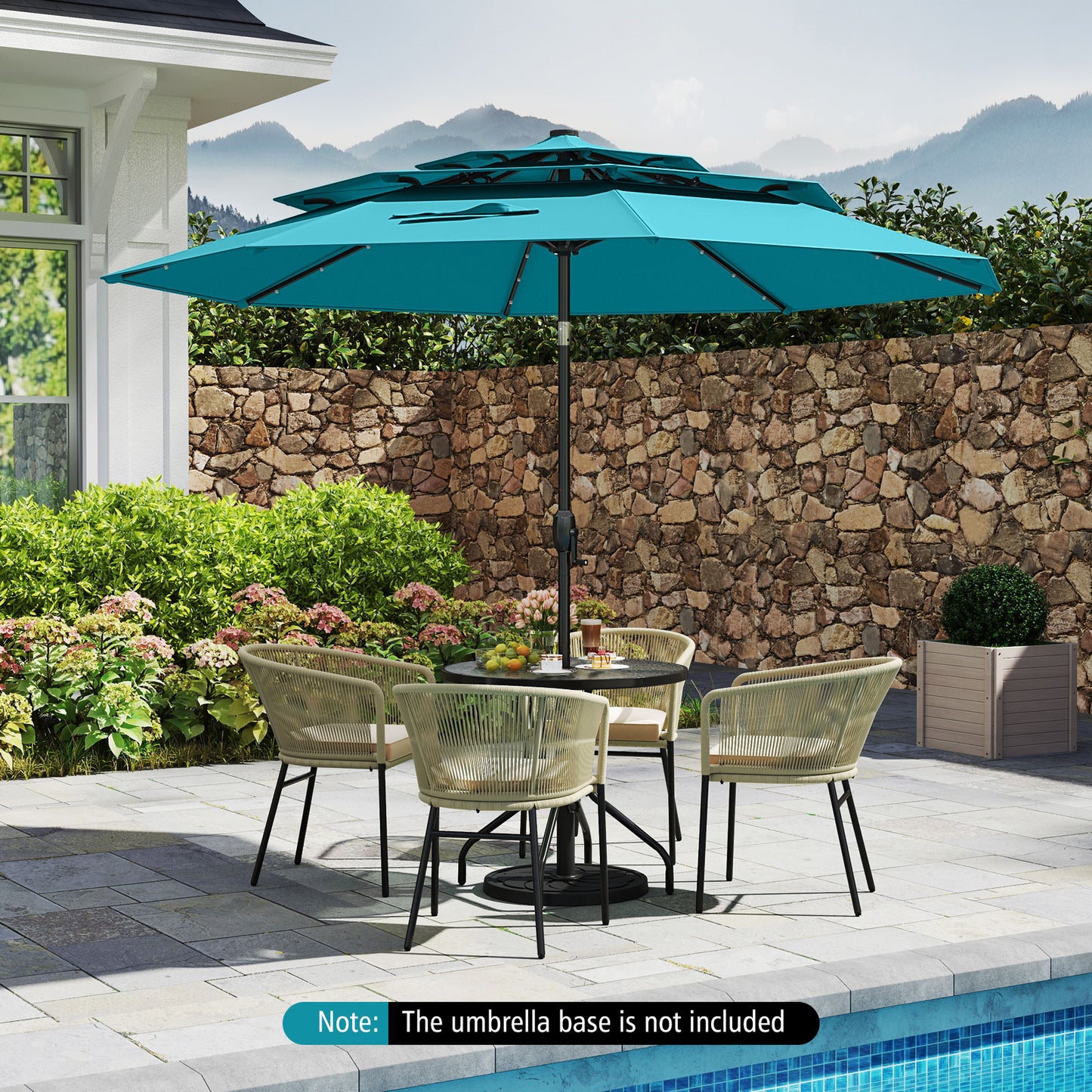 10 Feet Solar Patio Umbrella with 32 LED Lights 3-Tier Vented Top-Turquoise