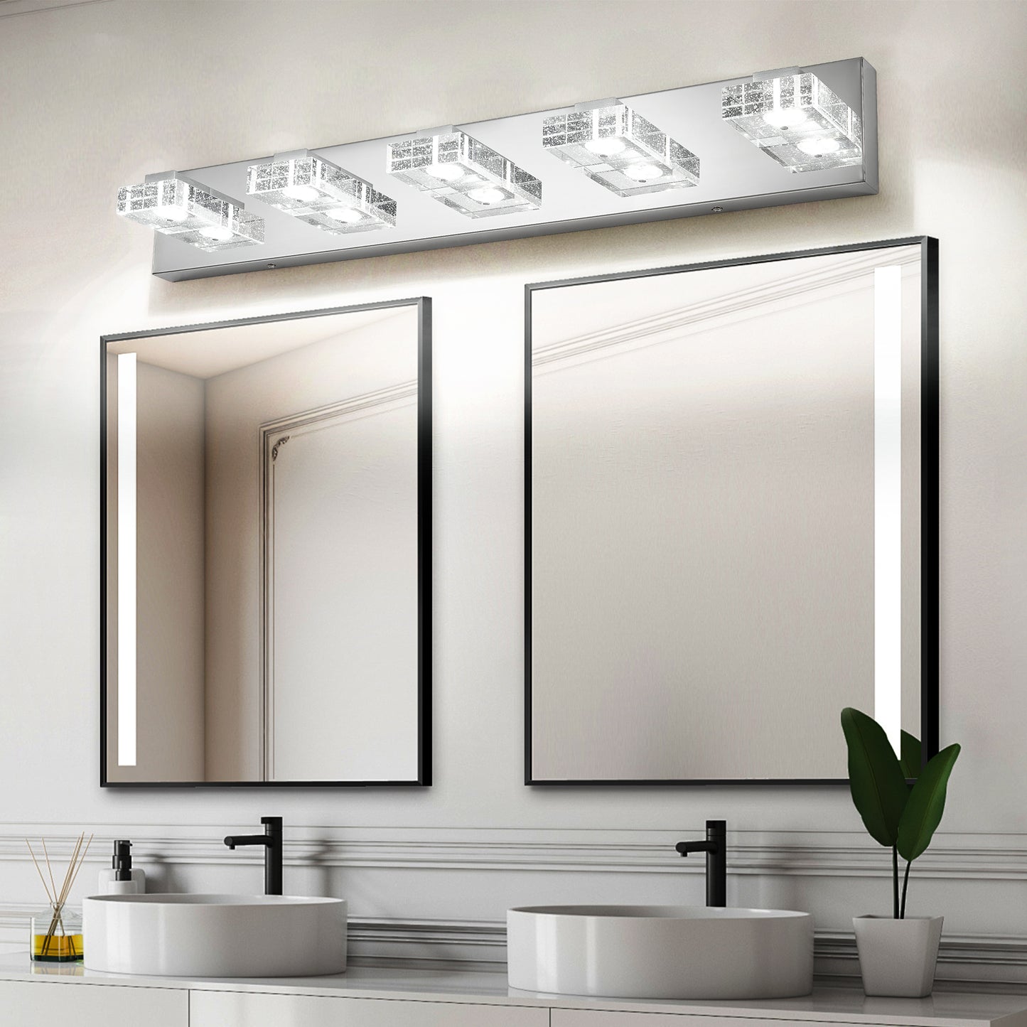 31" Modern Chrome 5-Light LED Vanity Light, Square Acrylic Lampshades Wall Mount Fixture for Bathroom, Mirror Lighting