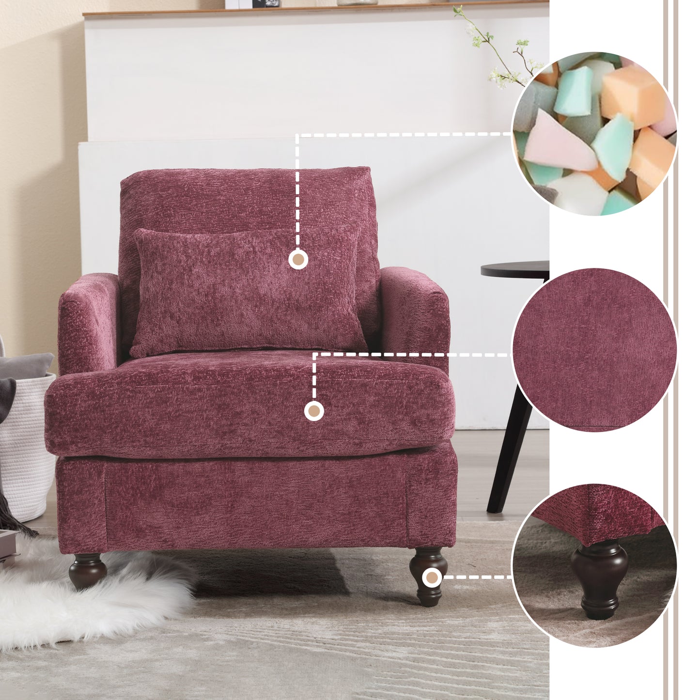 Wood Frame Armchair, Modern Accent Chair Lounge Chair for Living Room,Tufted Club Chair, Mid Century Modern Arm Chairs with Studded, Solid Wood Frame, for Bedroom, Reading(Wine red Chenille)