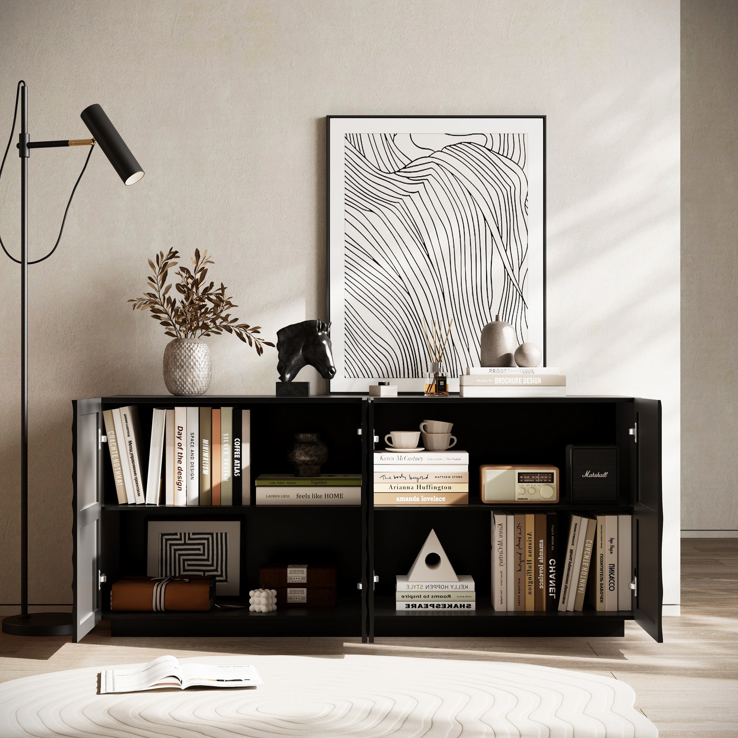 Buffet Cabinet with Storage ,4 Doors Modern Accent Storage Sideboard,Luxurious Floor Cabinet Buffet with Freestanding Anti Dumping for Kitchen, Living Room, 59" Wide Rectangular Sideboard (Black)