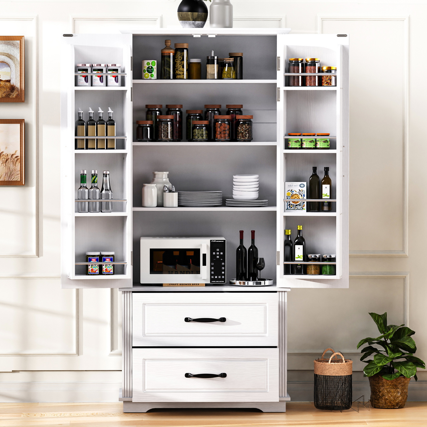 71" Farmhouse Kitchen Pantry Cabinet with 2 Large Drawers,Embossed Texture Freestanding Cupboard Cabinet with 8 Door Shelves and 3 Cabinet Shelves for Kitchen,Dining Room,Living Room,Laundry,White