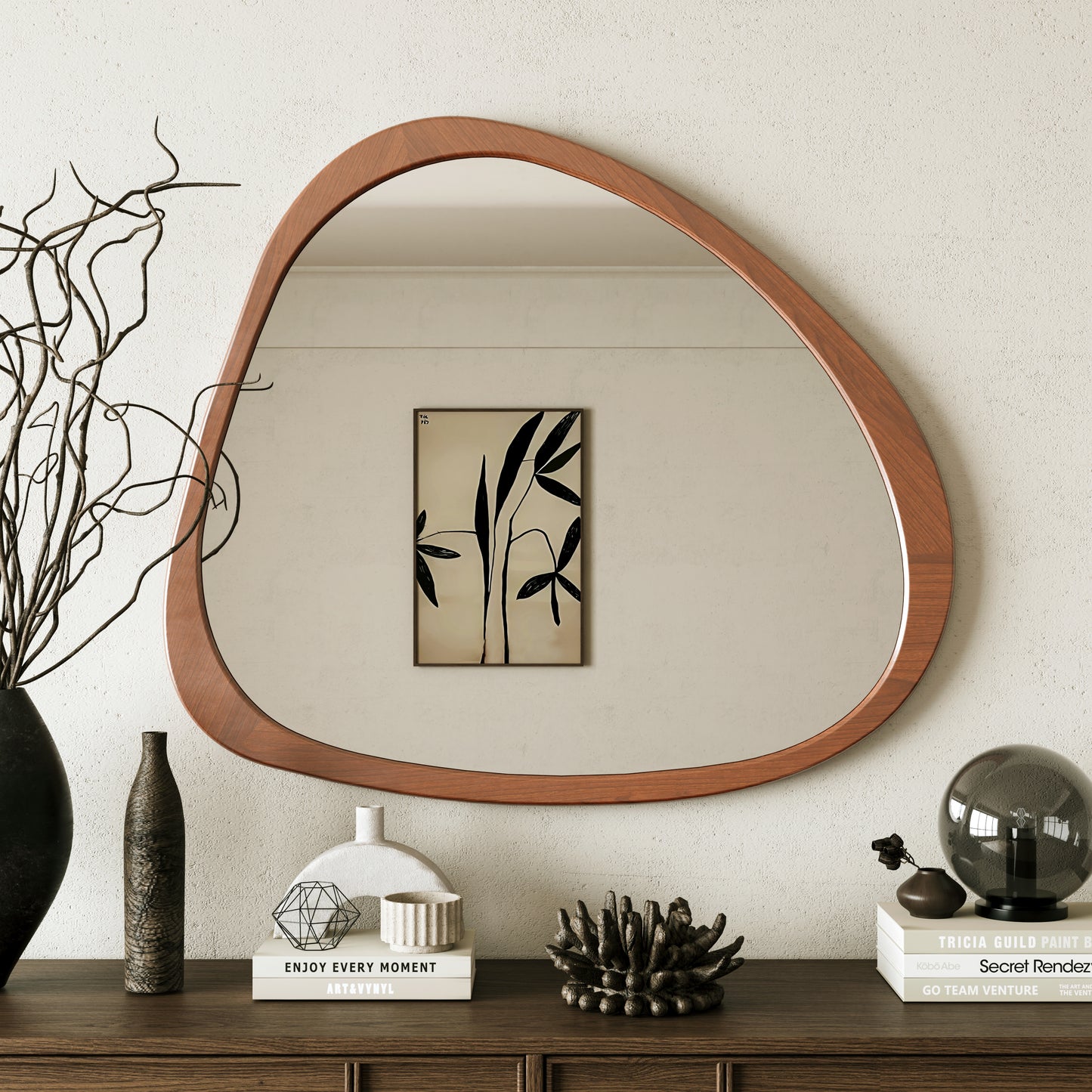 Solid Wood Mirror 45 Inch Asymmetrical Wall Mirror Wooden Framed Mirror Large Sized Dressing Mirror, for Living Room, Bedroom, Bathroom, Hallway or Entry Way, Walnut
