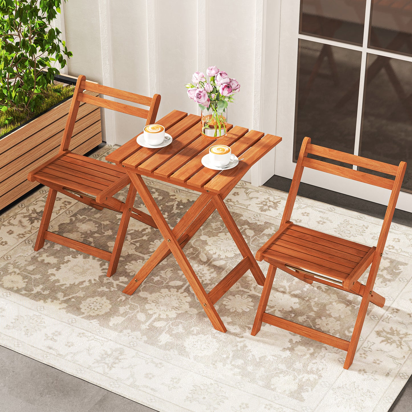 3 Piece Solid Wood Furniture Set with 2 Folding Chairs