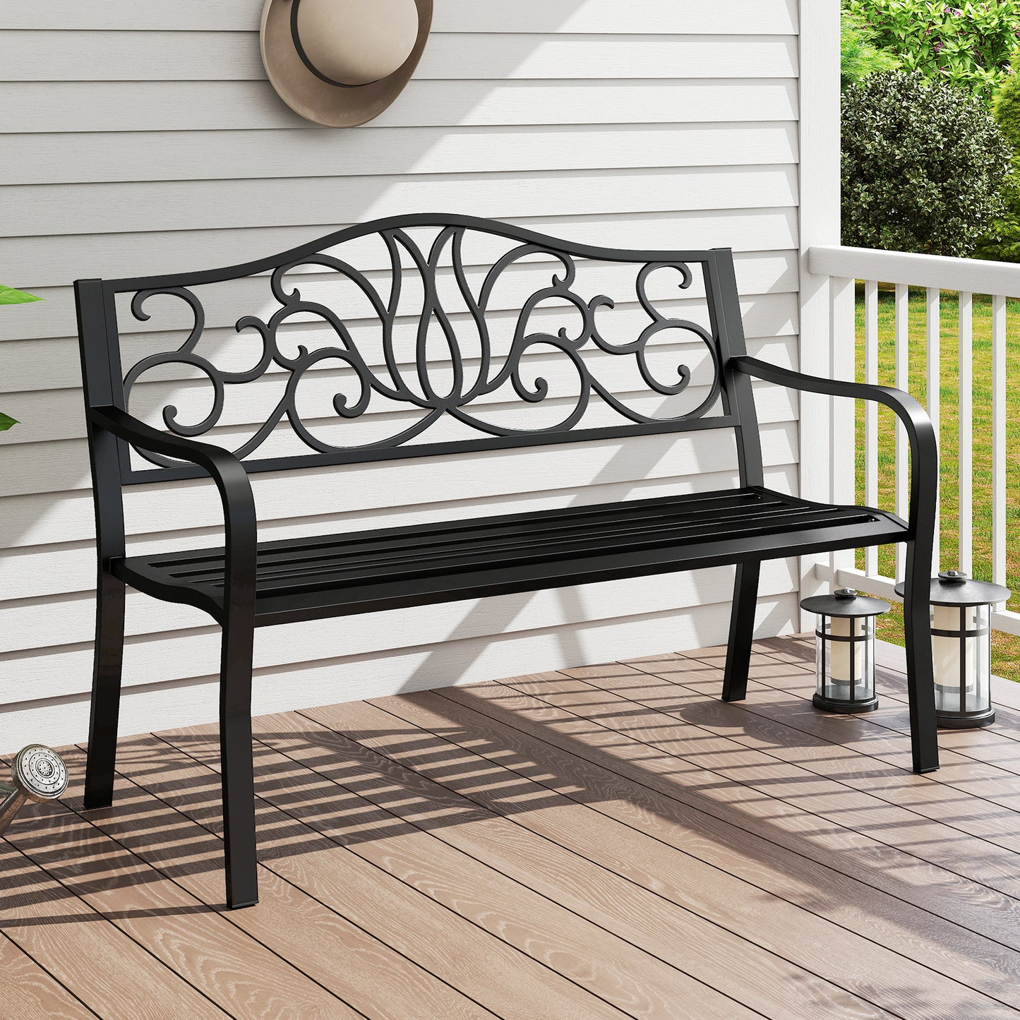 50 Inches Outdoor Garden Bench with Floral Design Backrest and Slatted Seat-Black