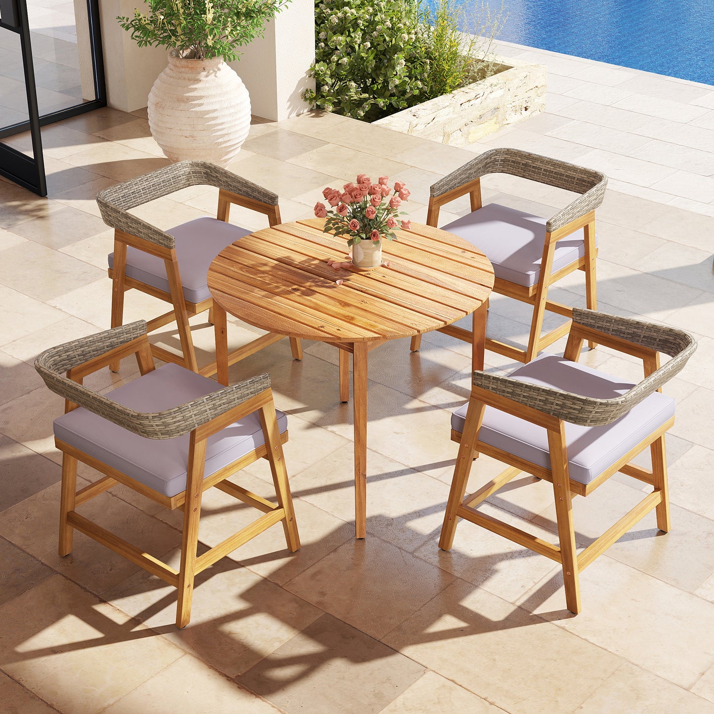 5 Pieces Patio Dining Set with Cushions and PE Rattan Backrest for Garden and Backyard