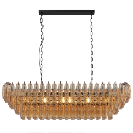 54" Black Rectangular Chandeliers for Dining Room, 12-Light 4 Tiered Large Smoke Glass Chandelier, Modern Kitchen Island Farmhouse Hanging Light Fixture for Living Room Foyer