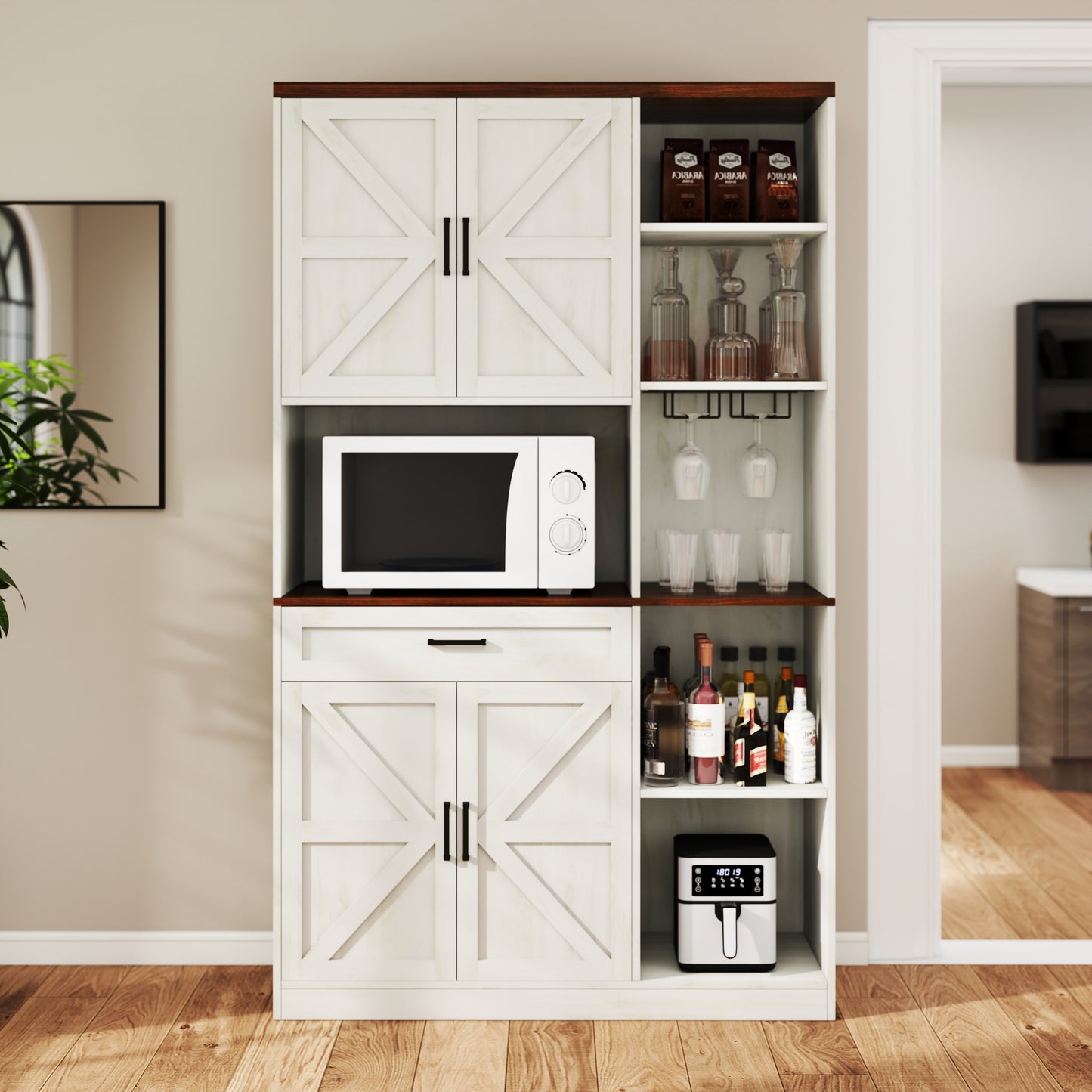 71'' Farmhouse Kitchen Pantry Sideboard with Cabinet and Drawer, Multifunctional Kitchen Buffet with Hutch and Glass Holder, Microwave Stand with Charging Station for Kitchen and Dining Room