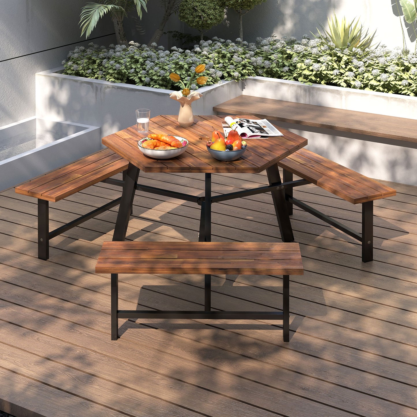 6 Person Acacia Wood Picnic Table Bench Set with 3 Seats