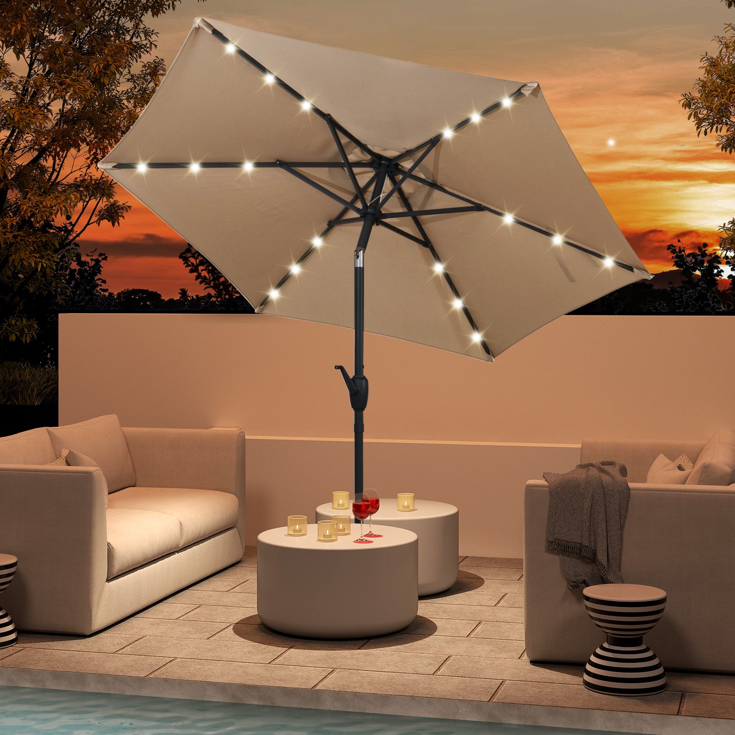 7.5 Feet Solar Powered Patio Umbrella with LED Lights and Crank Handle-Beige