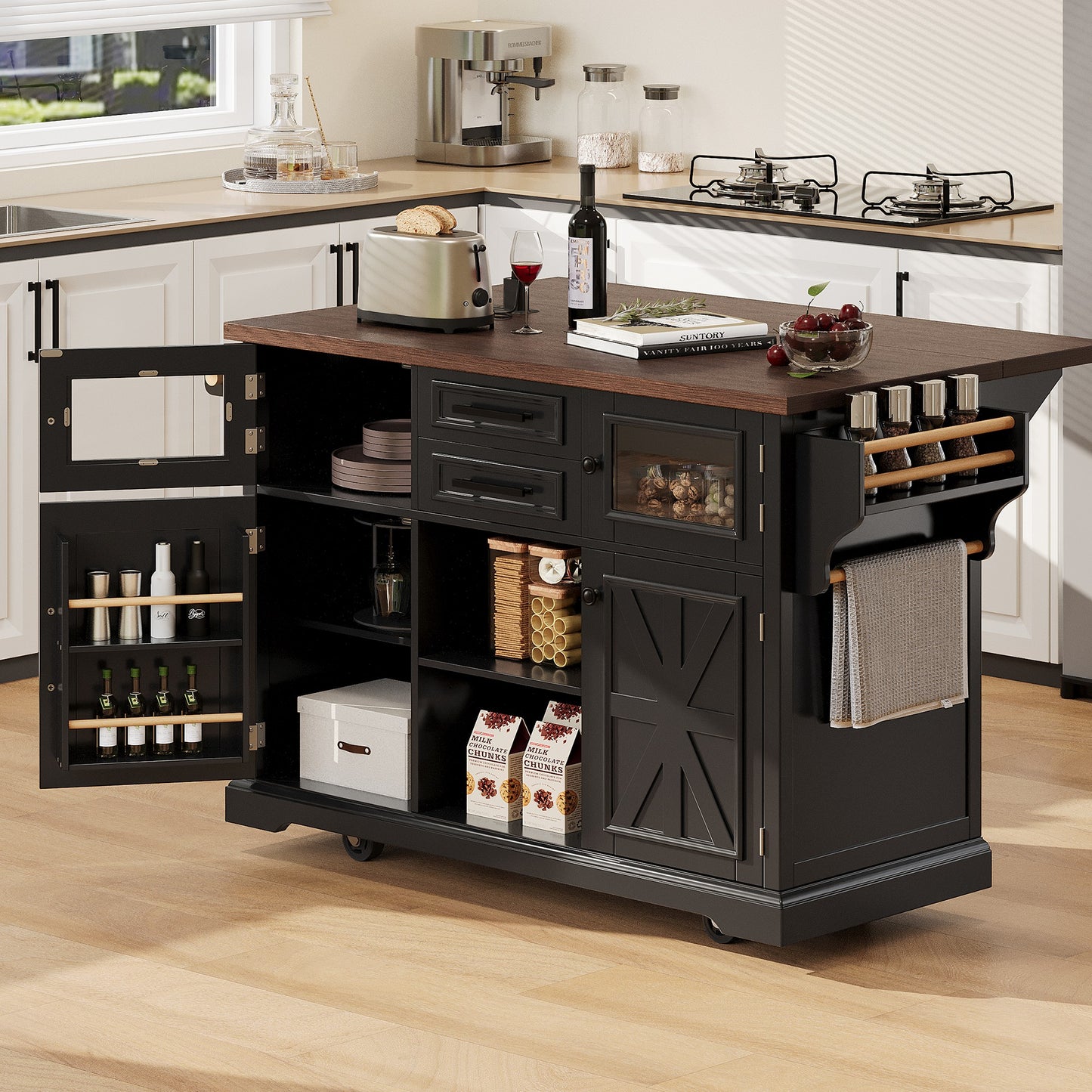 54.9" Kitchen Island with Drop Leaf, Power Outlet, Kitchen Storage Cart with 4 Door Shelves, Cross Barn Doors & Visual Glass Door, Rolling Kitchen Island on 4 Wheels for Kitchen, Dining Room,Black