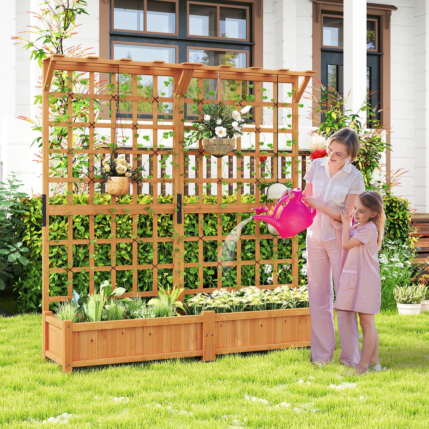 71 Inches Large Wooden Planter Container with Trellis and Hanging Roof-Orange
