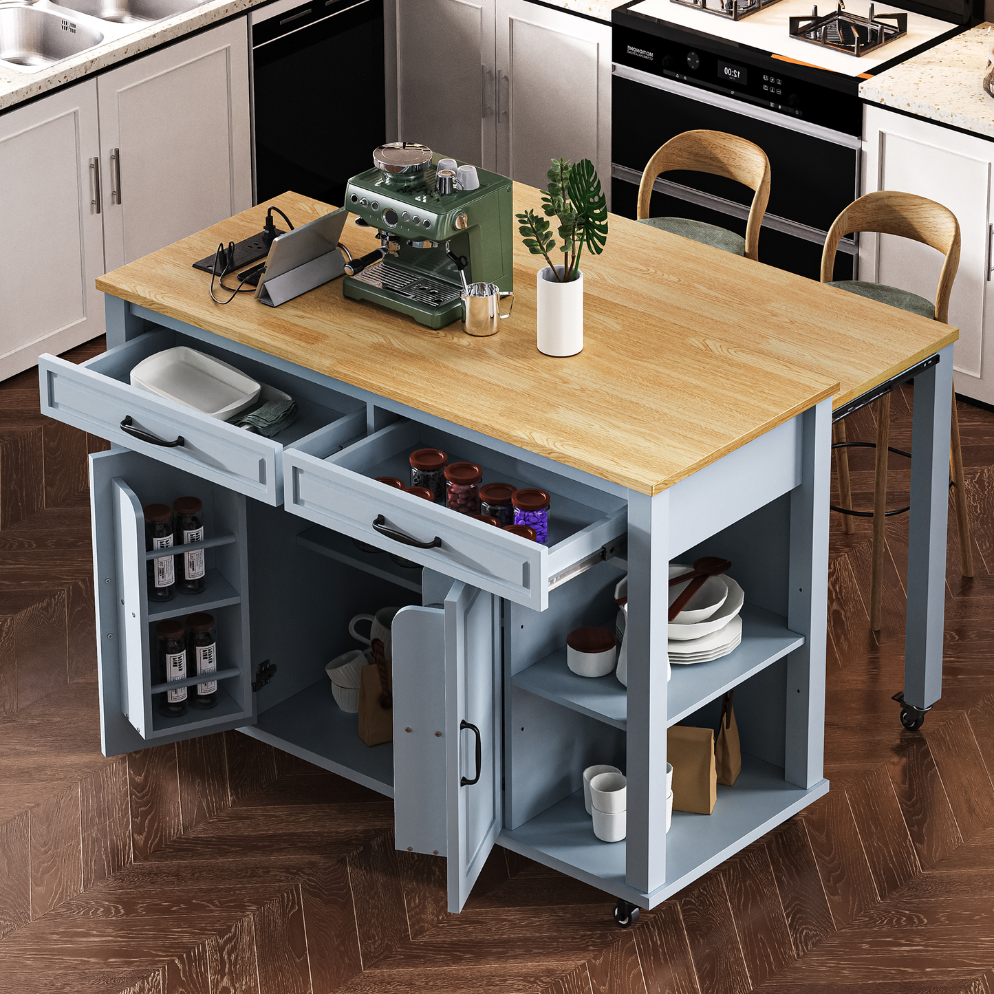 47 inch Kitchen Island with Extendable Dining Table, Rubber Wood Veneer Kitchen Table with Internal Storage Rack, Power Outlet, Kitchen island with Storage 2 Drawers 2 Cabinet,Grey Blue