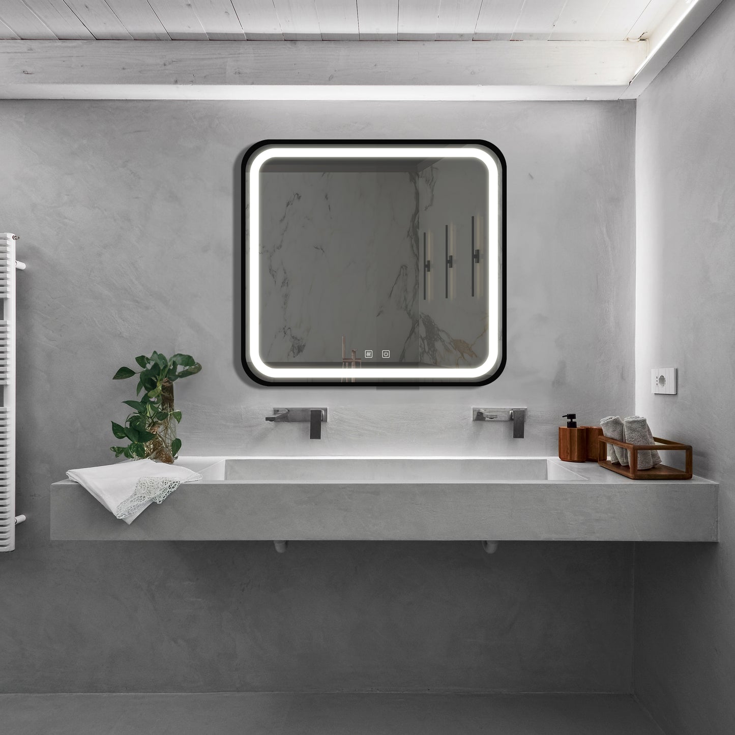32*32inch Bathroom Led Classy Vanity Mirror with focused backplane,Black aluminum alloy frame,High Lumen,Dimmable Touch,Wall Switch Control, Anti-Fog ,CRI 95 Adjustable 3000K-4500K-6000K ,IP54 Waterpr
