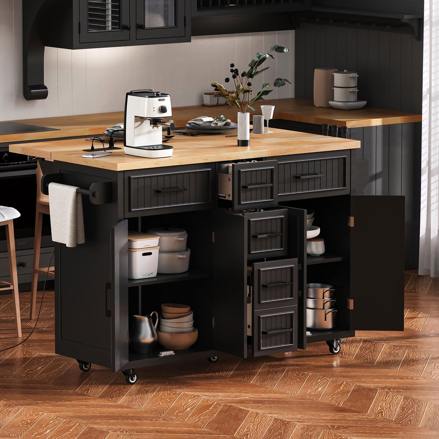 56.5'' Kitchen Island with Drop Leaf, Power Outlet, Embossed Vertical Stripe Rolling Kitchen Cart on Wheels with 4 Doors , 5 Deep Drawers and Adjustable Shelves, for Kitchen, Dining Room, Black
