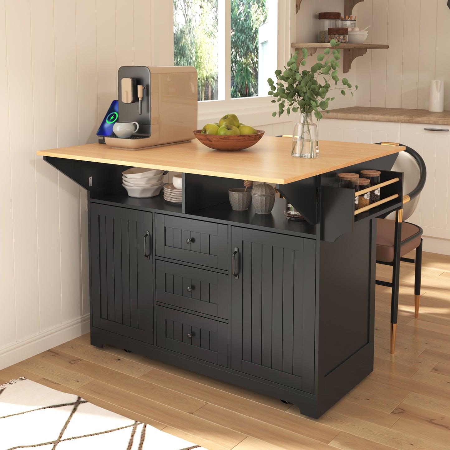 55.7'' Large Kitchen Island with 2 Drop Leaf,, Rolling Kitchen Cart on 5 Wheels with Power Outlet, Folding Storage Dining Table with Spice & Towel Rack , 3 Drawers, for Kitchen, Dining Room,Black