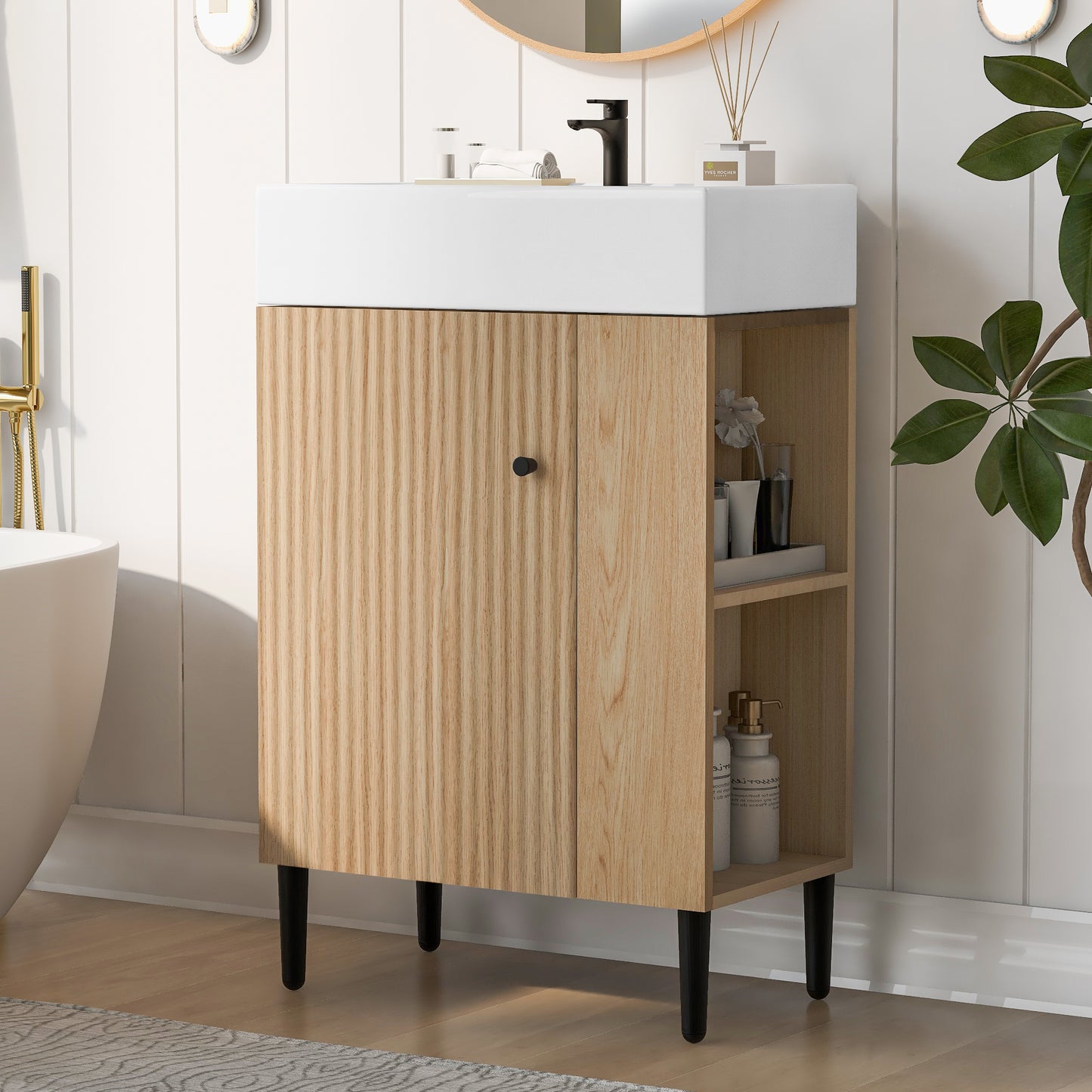 21.6" Wood Bathroom vanity, Combo Cabinet, Bathroom Storage Cabinet, Single Ceramic Sink, Right side storage
