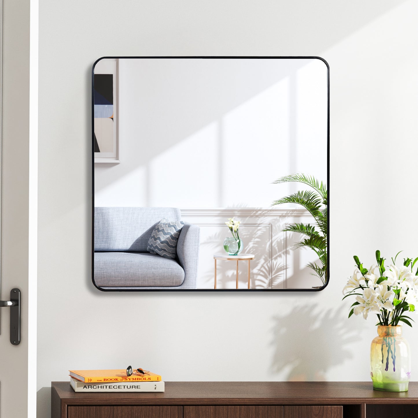 30 in x 30 in Black Metal Framed Square Bathrrom Mirror for Wall.