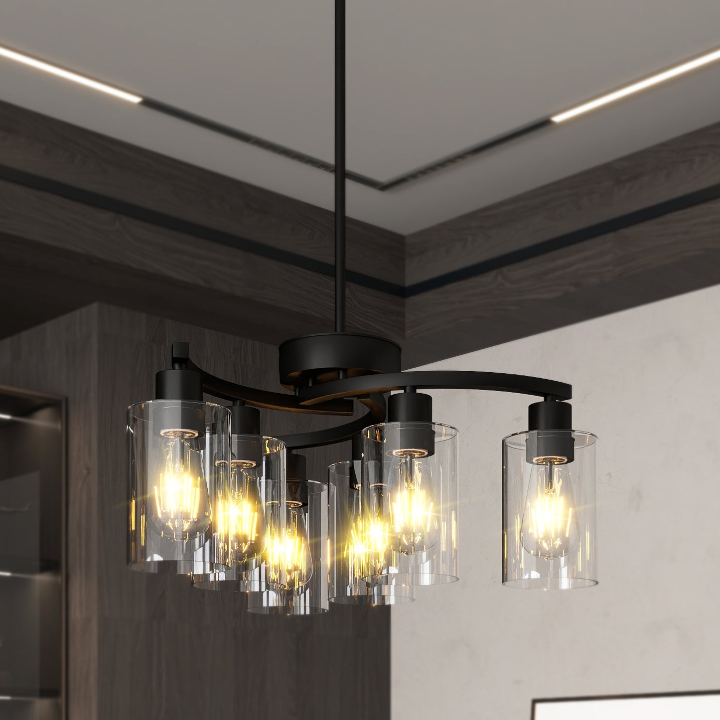 6-Light Modern Farmhouse Black Chandelier, Contemporary Dining Room Light Fixture, Adjustable Height Hanging Industrial Pendant Lights Kitchen Island, Clear Glass Shade