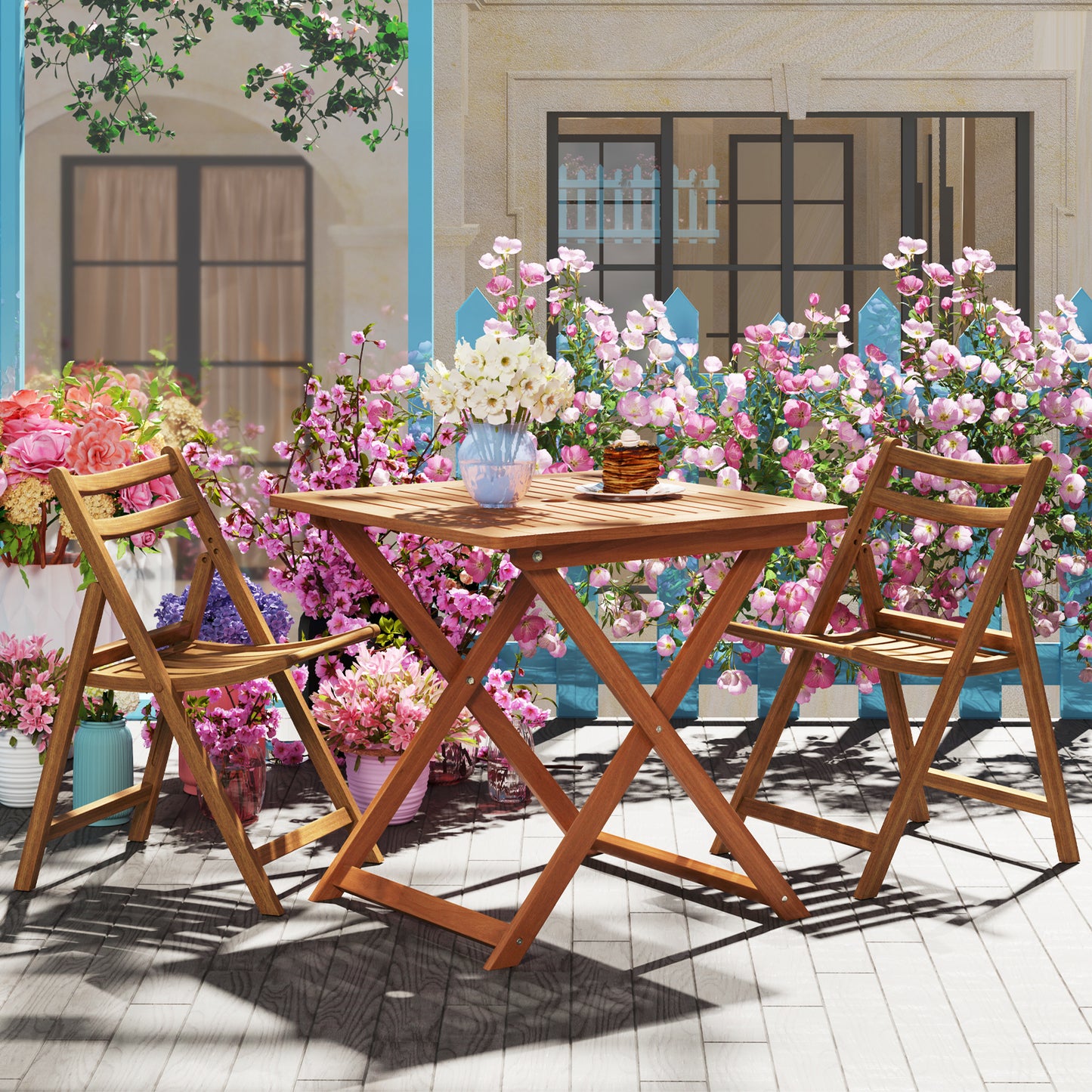 29.5 Inch x 29.5 Inch Patio Dining Table with Teak Painting and Umbrella Hole