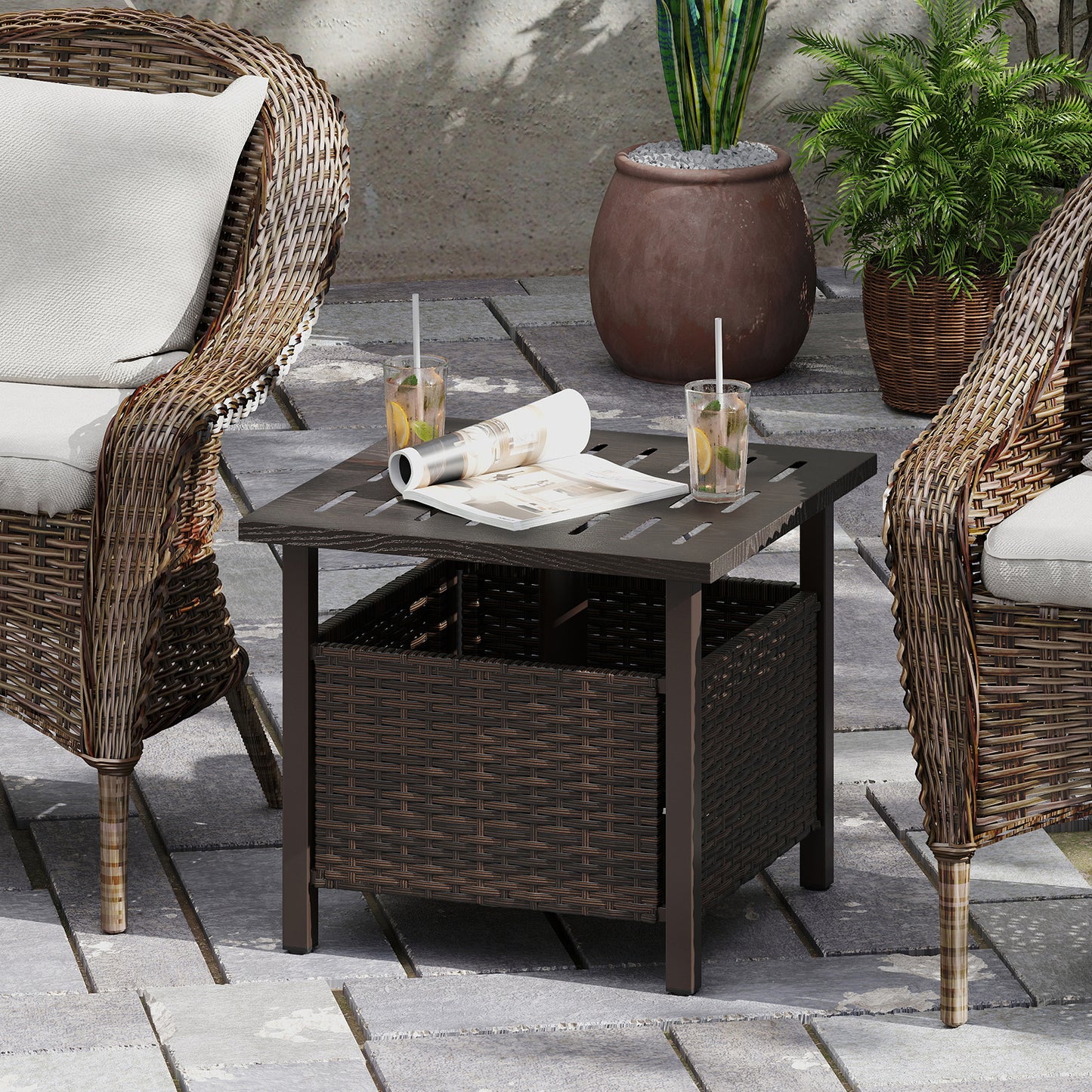 Outdoor Side Table All-Weather PE Wicker Patio Table with Umbrella Hole-Brown