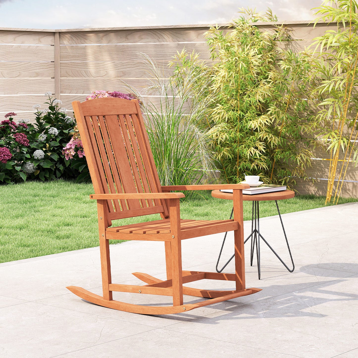 Outdoor Rocking Chair Solid Wood High Back Rocker with Slatted Seat