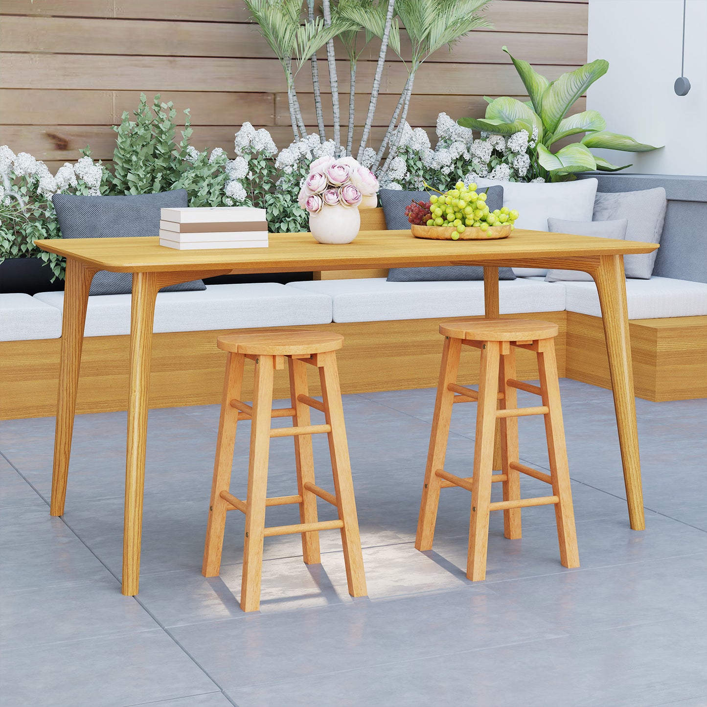 24-Inch Outdoor Wood Bar Stools Set of 2 with Round Seat and Footrest