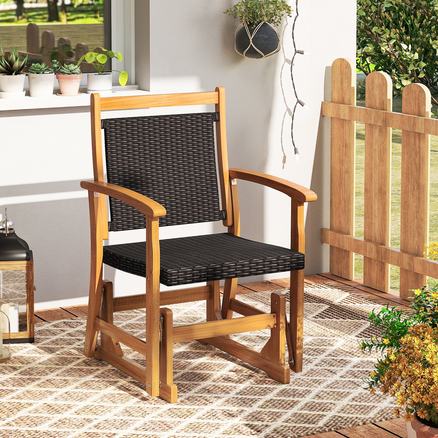 Patio Rattan Glider Chair with Acacia Wood Frame and Wicker Seat Back