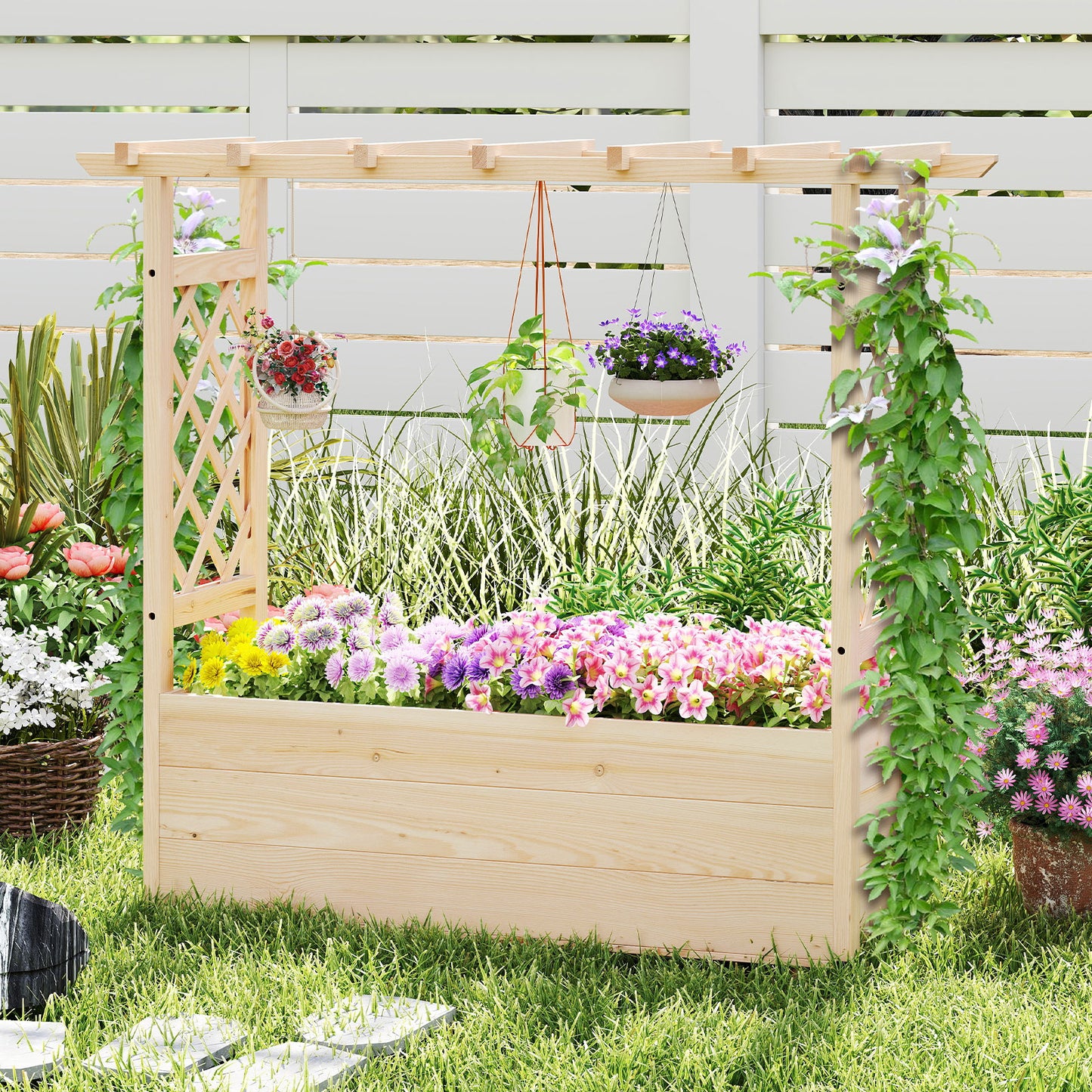 Raised Garden Bed Wooden Elevated Planter Box with Hanging Roof-L