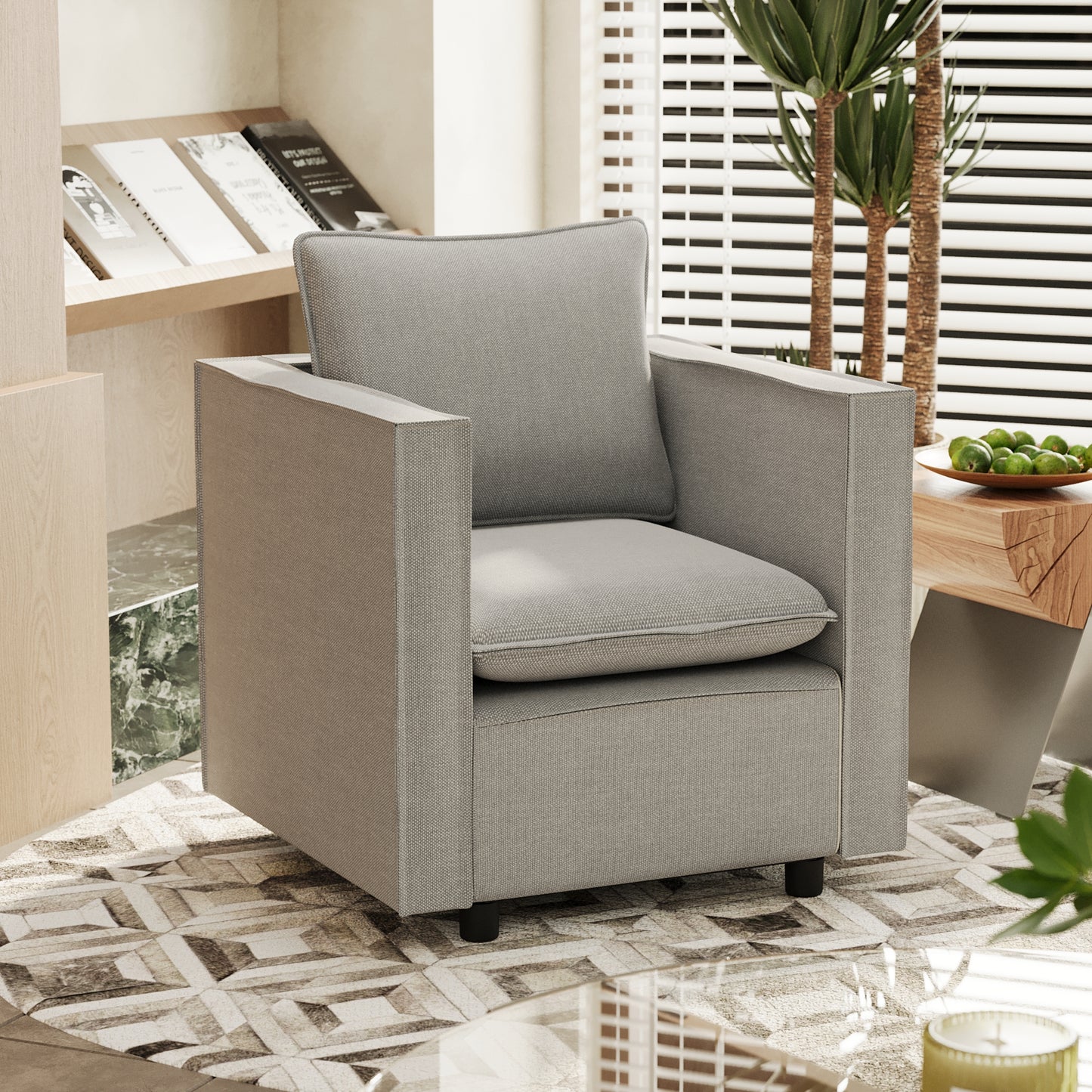 Decorative chair, comfortable gray single sofa chair, soft breathable seat cushion, soft cushion armchair, modern comfortable sofa chair in bedroom/corner/reading room