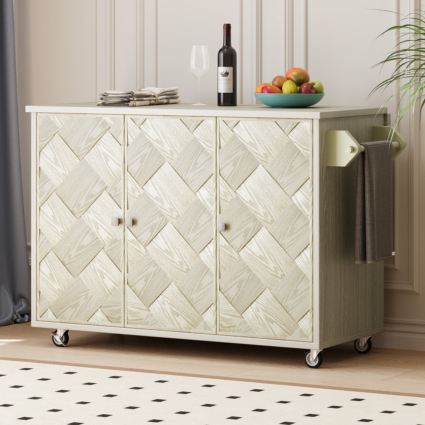 51.2"W Ash Veneer (Not Cheap Paper) Solid Wood Handwoven Kitchen Island with Drop Leaf, Coastal Kitchen Island on Wheels with Internal Storage Rack, Rolling Kitchen Cart, Champagne