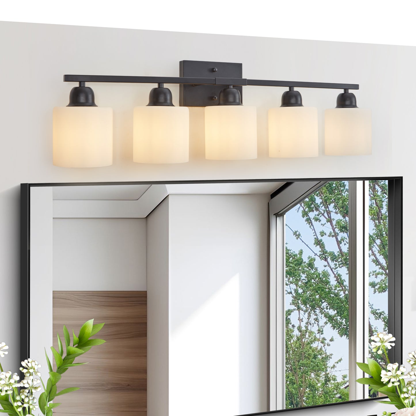 Black Bathroom Light Fixtures, 5-Light Modern Vanity Light Over Mirror, Wall Sconces with Milky White Frosted Glass Shades, E26 Socket (Bulbs Not Included)