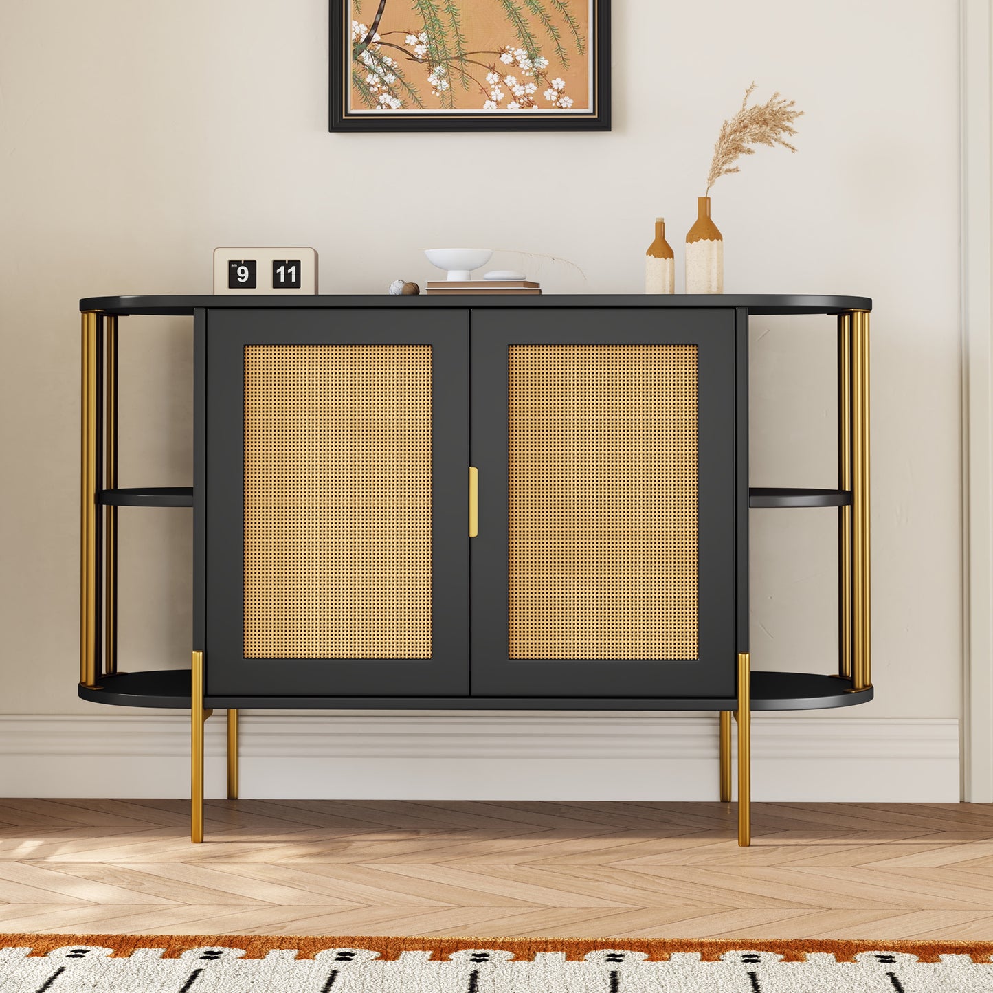 2-Door Elegant Curved Dining Cabinet with Gold Trim and Woven Rattan Doors for Dining Room (Black)