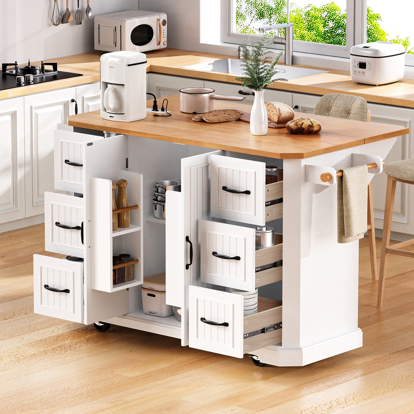 56 inch Kitchen Island with Rubber Wood Veneer Drop Leaf, Power Outlet, 4 Door Shelves, Embossed Vertical Stripe Rolling Kitchen Cart on 4 Wheels with 6 Deep Drawers for Kitchen, Dining Room,White