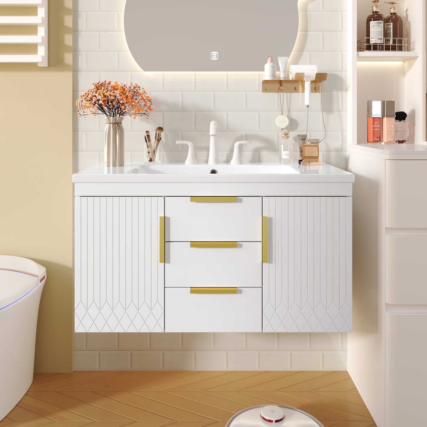 36'' Wall Mounted Bathroom Vanity, Floating Bathroom Storage Cabinet with 2 Drawers, Solid Wood Bathroom Cabinet