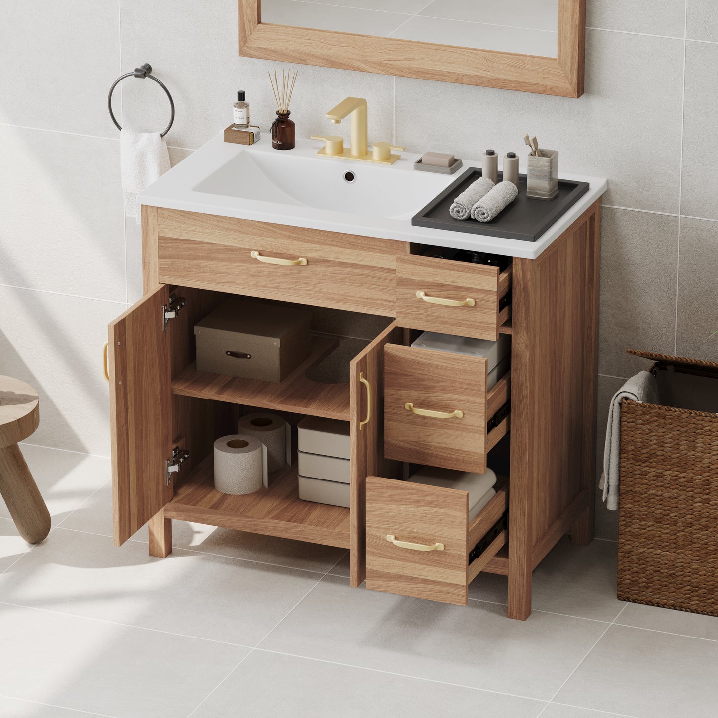 36" Wood Bathroom Vanity with Solid Wood Frame, 2 Soft Close Doors, 3 Soft Close Drawers, Adjustable Shelf, Modern Storage Cabinet for Small Bathrooms