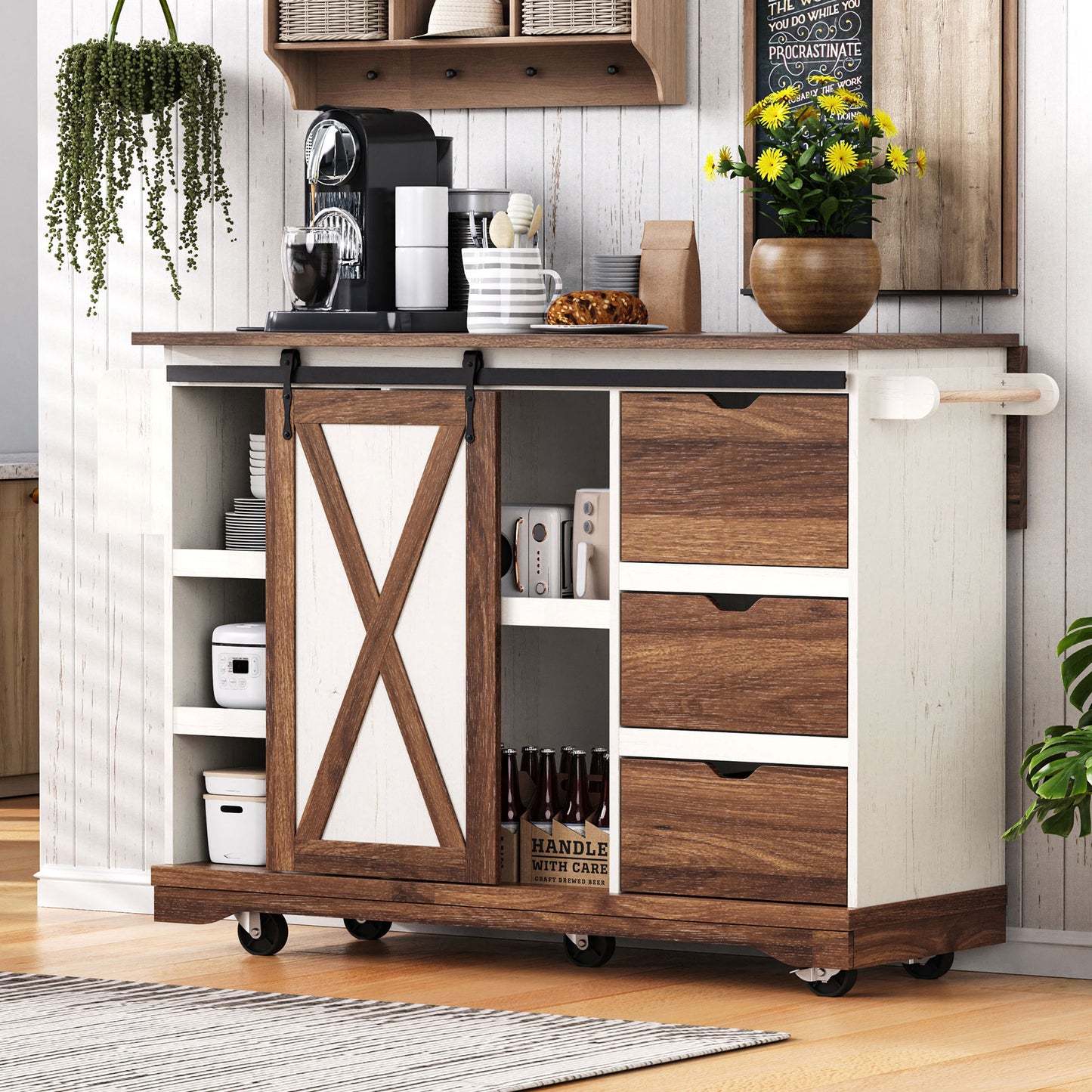 55.5" Farmhouse Kitchen Island with Drop Leaf, Kitchen Storage Island with Barn Door, Power Outlet, Rolling Kitchen Cart on Wheels with Spice Rack, for Home, Kitchen, Dining Room, White
