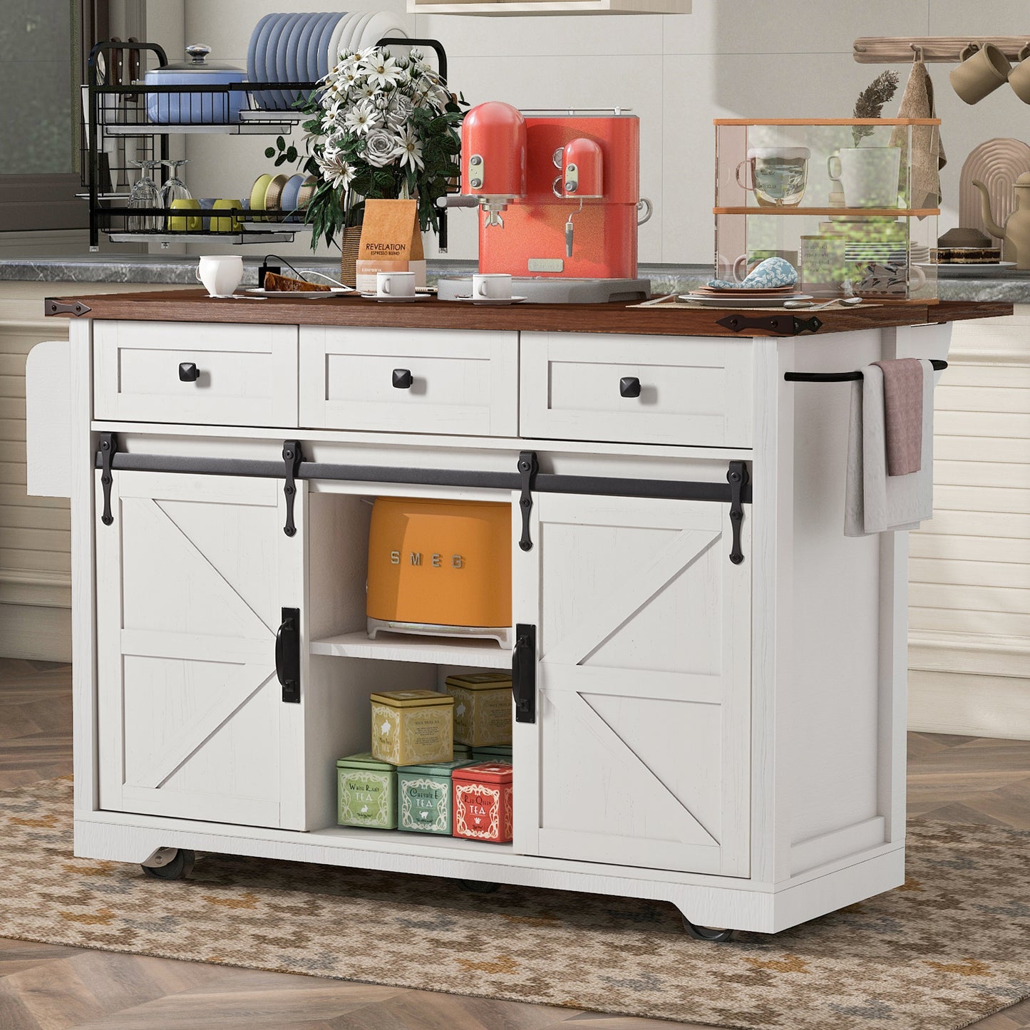 53.7" Farmhouse Kitchen Island with Power Outlet, 2 Sliding Barn Door Kitchen Storage Island with Drop Leaf, Spice Rack Rolling Kitchen Cart on Wheels, for Home, Kitchen and Dining Room, White