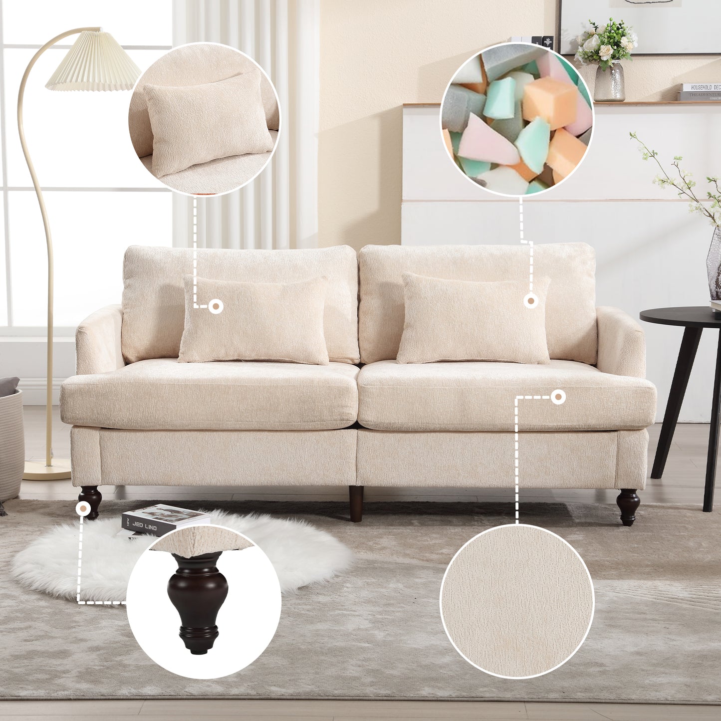 Mid Century Modern chenille Fabric Loveseat sofa, 2-Seat Upholstered Loveseat Sofa Modern Couch for Living Room,Brown wood feet sofa for Bedroom, Reading (Beige Chenille)