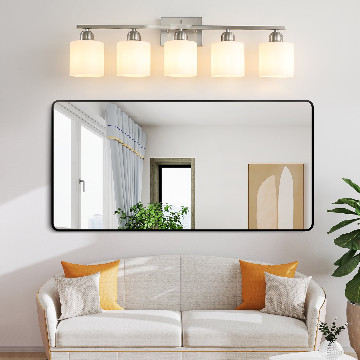 Brushed Nickel Bathroom Light Fixtures, 5-Light Modern Vanity Light Over Mirror, Wall Sconces with Milky White Frosted Glass Shades, E26 Socket (Bulbs Not Included)