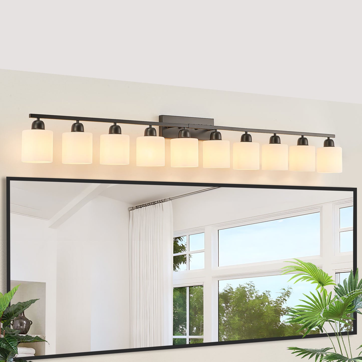 10 Light Bathroom Vanity Lights Over Mirror, 65.4 inch Black Vanity Lights Fixtures with White Glass Shades Matte Black Modern Vanity Lights Black Bathroom Wall Lighting for Mirror Bedroom