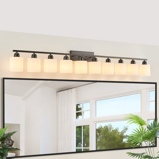 10 Light Bathroom Vanity Lights Over Mirror, 65.4 inch Black Vanity Lights Fixtures with White Glass Shades Matte Black Modern Vanity Lights Black Bathroom Wall Lighting for Mirror Bedroom