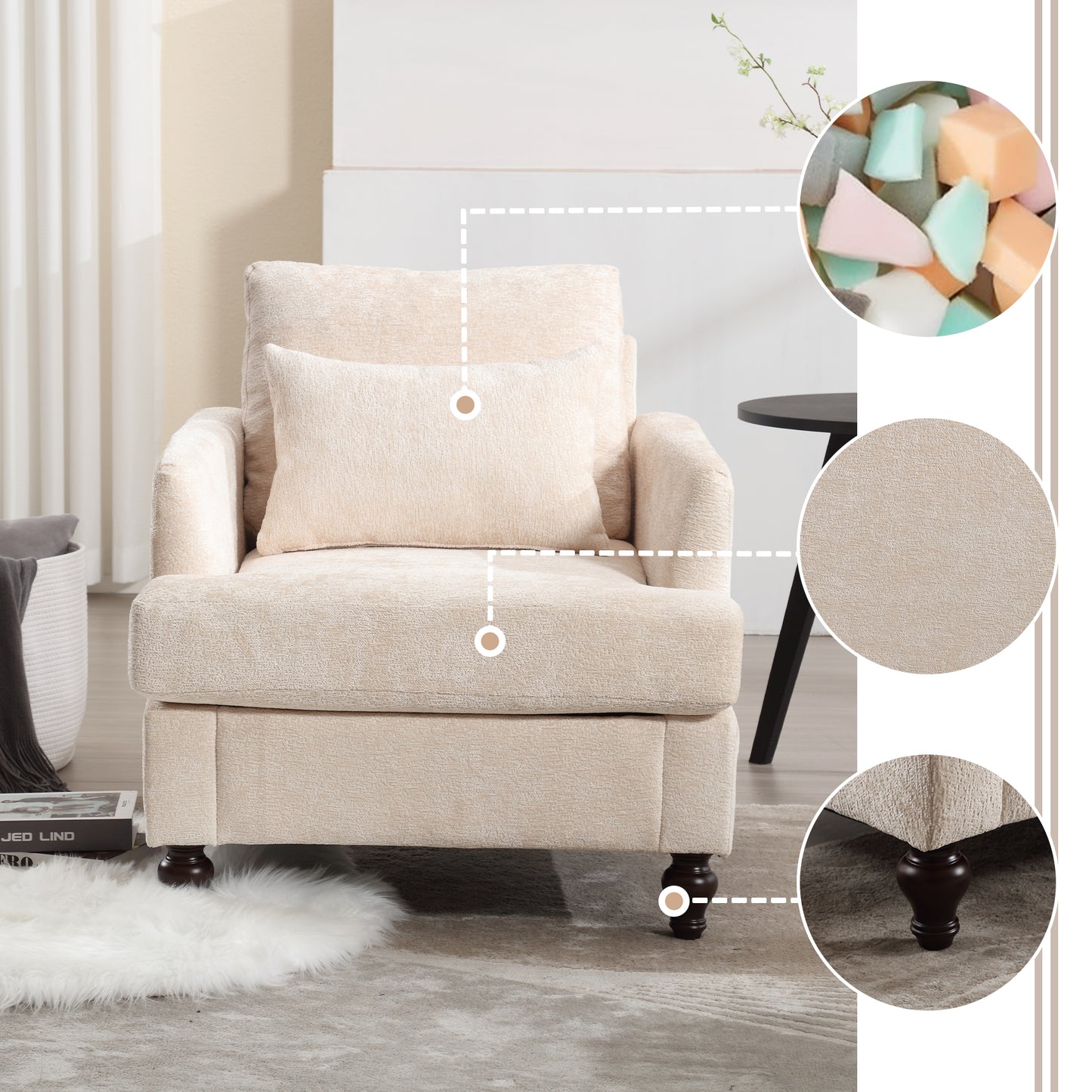 Wood Frame Armchair,  Modern Accent Chair Lounge Chair for Living Room,Tufted Club Chair, Mid Century Modern Arm Chairs with Studded, Solid Wood Frame, for Bedroom, Reading(Beige Chenille)