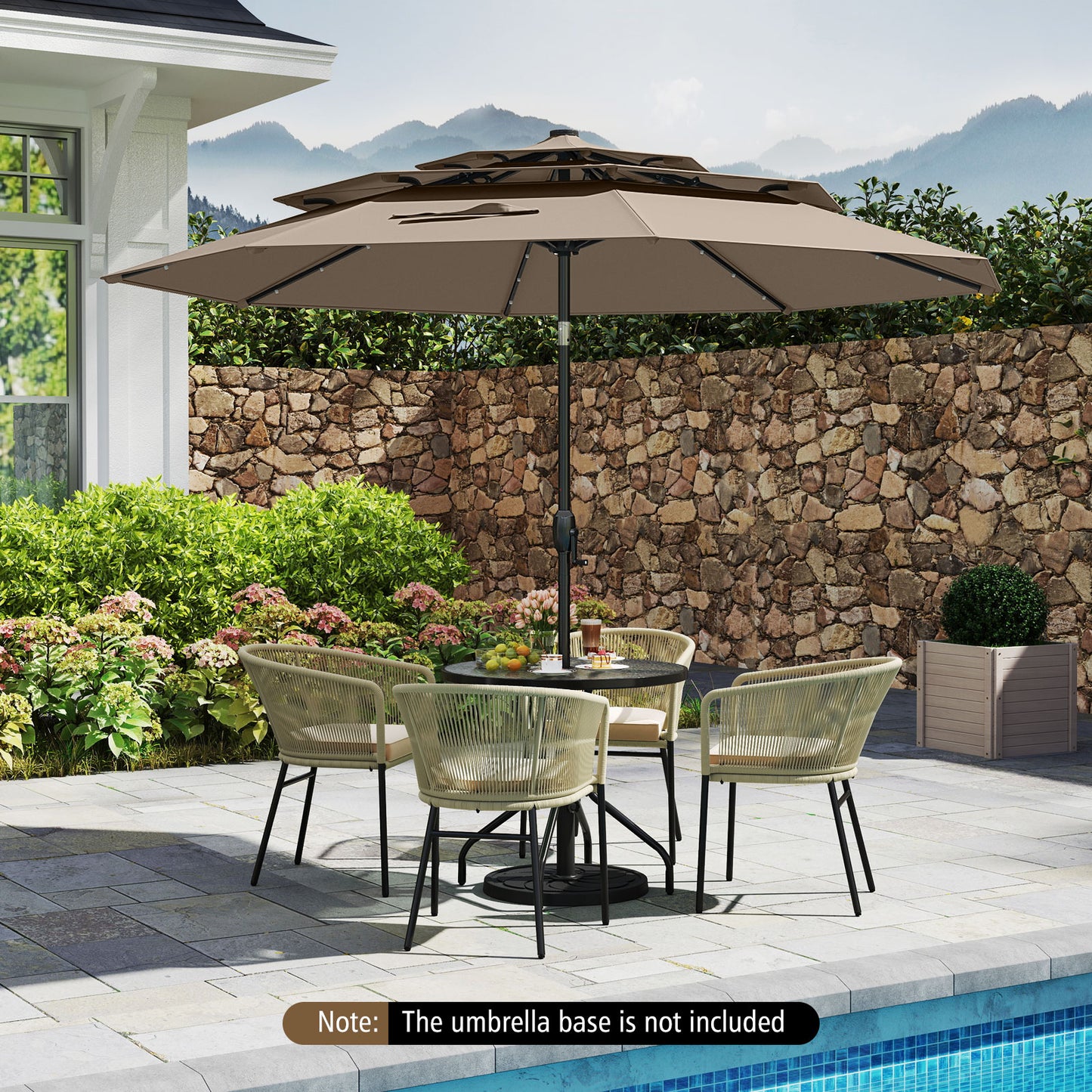 10 Feet Solar Patio Umbrella with 32 LED Lights 3-Tier Vented Top-Taupe