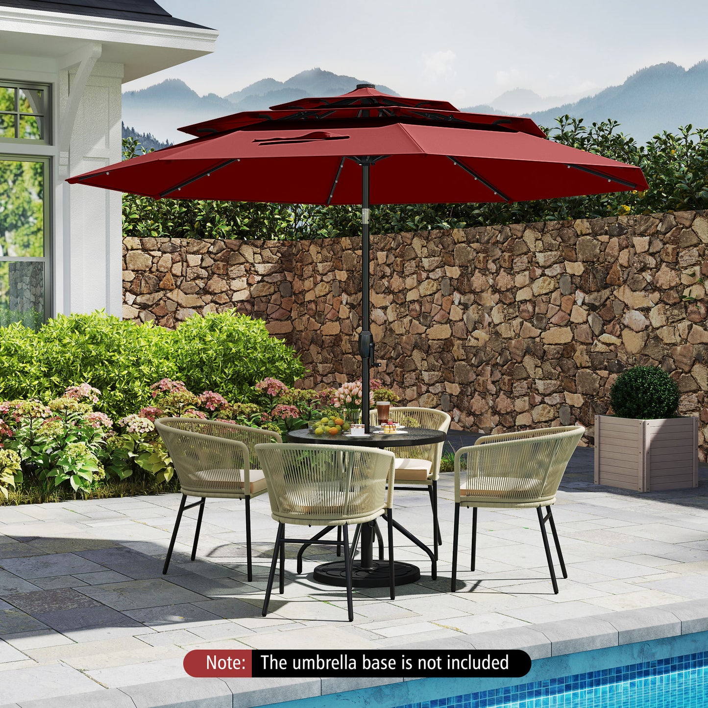 10 Feet Solar Patio Umbrella with 32 LED Lights 3-Tier Vented Top-Wine