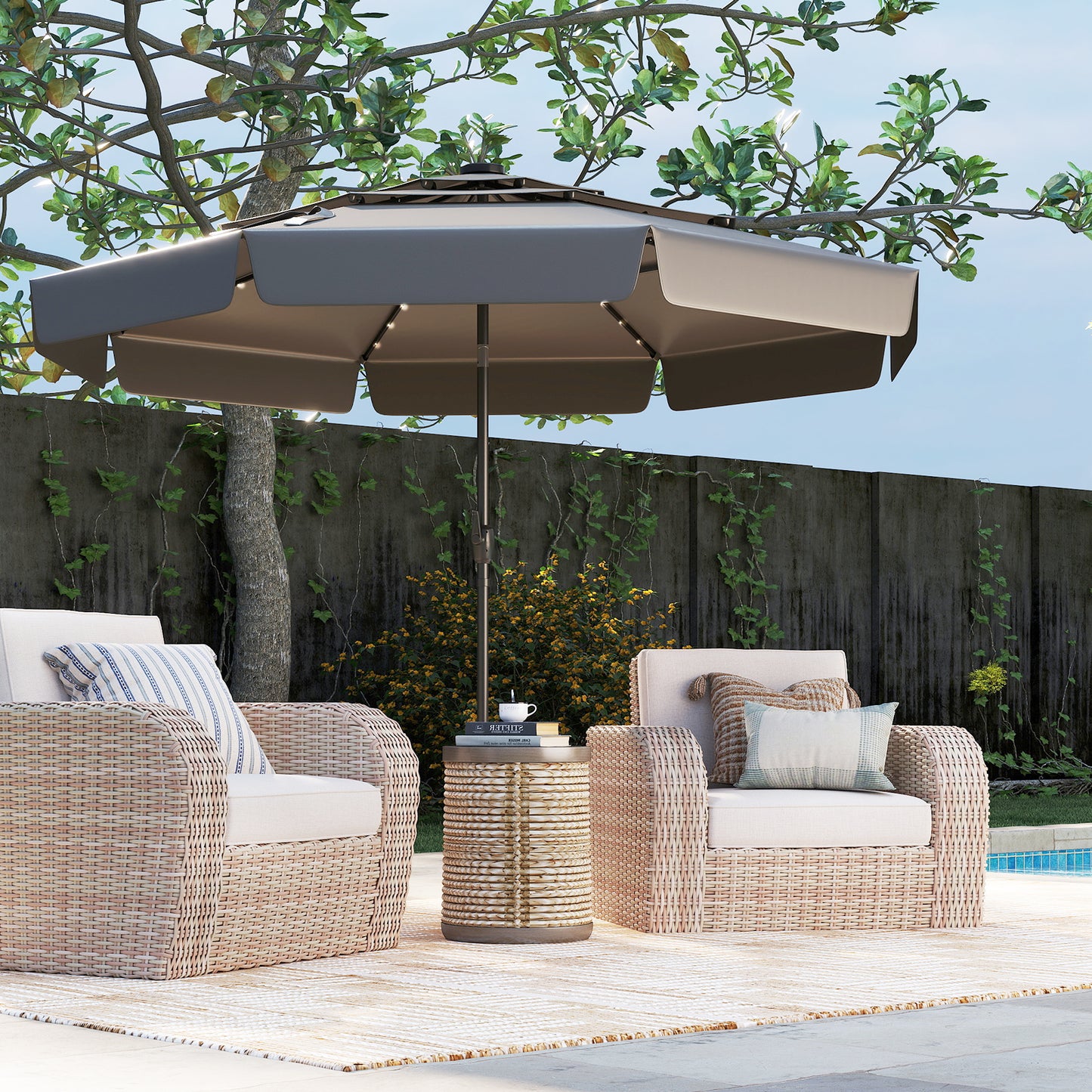 10 Feet Solar Patio Umbrella with 3-Tier Vented Top-Gray