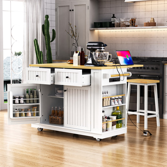 48 inch Large Kitchen Island with Drop Leaf,Power Outlet,Internal Storage Rack,Rolling Kitchen Storage Cart on 5 Wheels with 5 Open Side Racks for Kitchen,Dining Room,White (Not include Stools)