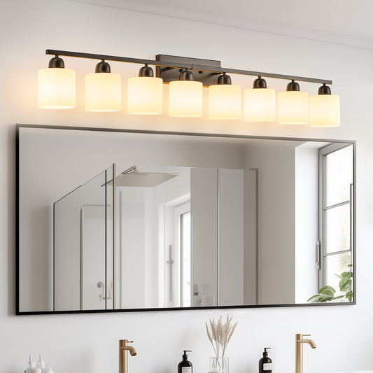 8-Light Bathroom Light Fixtures Over Mirror, 52inch Modern Matte Black Vanity Lights with White Frosted Glass Shade, Bathroom Wall Lamp Sconces for Mirror Bedroom, Living Room Hallway
